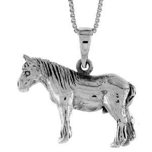 925 Sterling Silver Solid 3 Dimensional Horse Pendant (w/ 18 Silver 