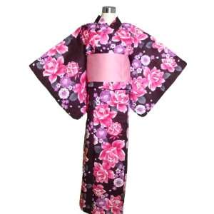  Kimono Yukata Black & Red Rose + Obi Belt: Toys & Games