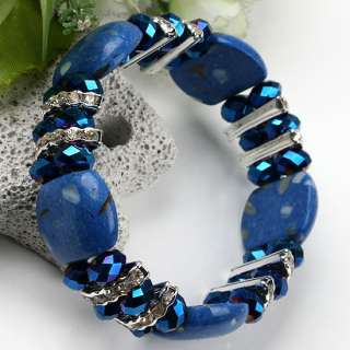 Dark Blue Crystal Glass & Shell Stretchy Bracelet 1PC  
