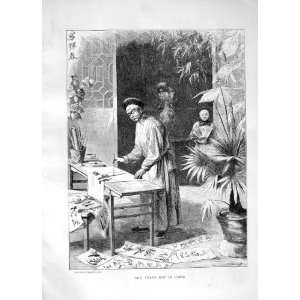 1870 NEW YEARS DAY CHINA MAN PAINTING YOUNG BOY PRINT:  