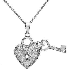  Emitations Allegras Pave CZ Heart Lock Necklace, Silver 