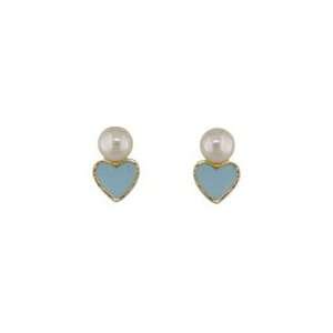   YG Pearl with Blue Heart Screwback Earrings (4mm by 6mm / 3mm Pearl