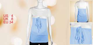 Light Blue Ribbon Bowtie High Waist Ladies T Shirt Sz S  