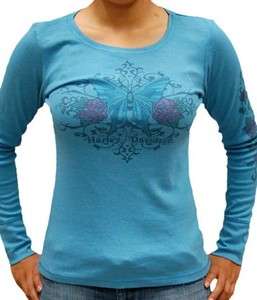 Harley Davidson Ladies Blue Floral Butterfly Long Sleeve T Shirt 