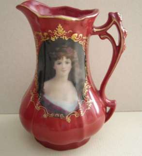 Vintage Fleur De Lys Victorian Lady Dark Red Creamer / Small Pitcher 