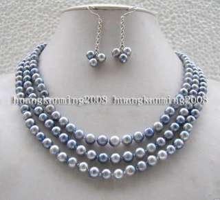 Amazing 3Strds 7 8mm Gray Akoya Pearl Necklace Earring  