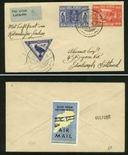 Iceland: 1930 airmail to UK, good franking + label  