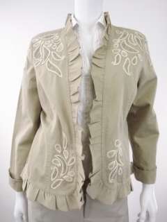 Womens jacket beige khaki 100% cotton Chicos M 2 embroidered paisley 