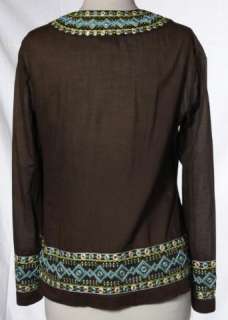 Tory Burch Brown Blue Green Embellished Sequin Cotton Peasant Tunic 