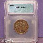 1854 CORONET HEAD LARGE CENT EARLY DATE ICG AU50 (TS+