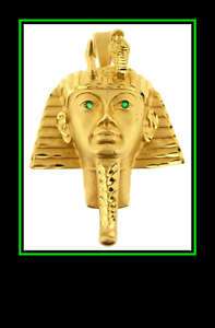 14K Yellow Gold Egyptian Pharaoh w/Emerald Eyes Pendant  