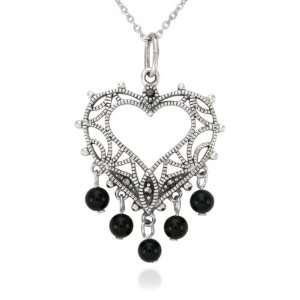  Sterling Silver Marcasite Onyx Beads Heart Pendant, 18 Jewelry