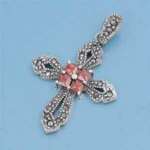 Cross Pendant with Garnet CZ, Marcasite and Sterling Silver   36 mm 