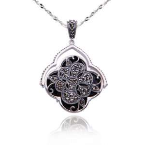   Silver Marcasite and Onyx Reversible Spin Floral Pendant, 18 Jewelry
