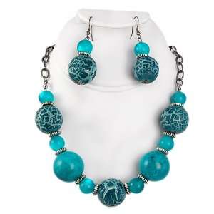   Dark Imitation Turquoise Beaded Necklace and Earrings Set: Jewelry