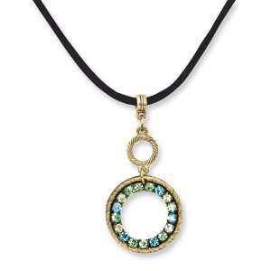 Brass tone Blue Green and Light Colorado Crystal Circle 16in Necklace 