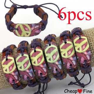 6pcs BUTTERFLY PEACE GENUINE Leather Bracelets For Gift  