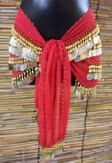 Egyptian Belly Dance / Belt / Hip Scarf / Gold Coins / Red / Beads 