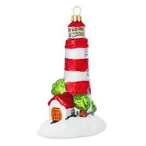  Red And White Lighthouse Glass Ornament