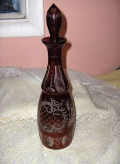 Antique Bohemian Red Crystal Art Glass Tall Decanter Stag Victorian 