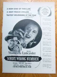   It features Barbara Stanwyck and Burt Lancaster in Sorry, Wrong Number
