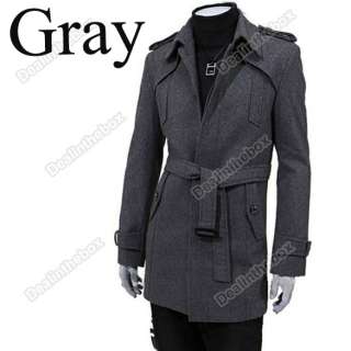 Mens Front Button&Waist Belt Trenc Excellence Woolen Trench Coat 