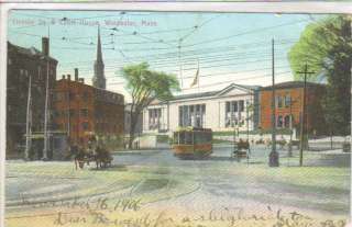 Lincoln Sq & Court House Worcester MA trolley postcard  