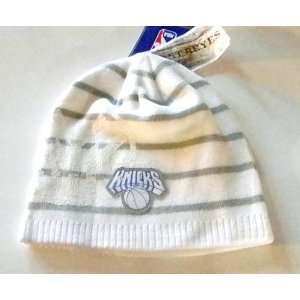   Adidas White with Gray Stripes Knit Skull Beanie Hat 