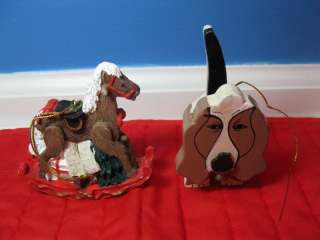   Christmas Ornaments Rocking Horse w/Teddy Bear & Wood Hunting Dog Bell