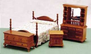 Dollhouse Miniature Walnut Wood 4 Piece Bedroom Set  