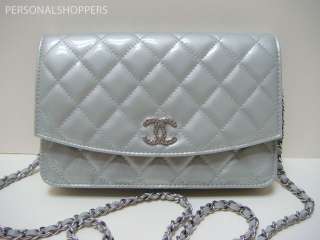   CHANEL SILVER PATENT LEATHER WALLET ON A CHAIN WOC BAG  