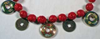 Cinnabar vintage beads, charms & Chinese coins necklace  