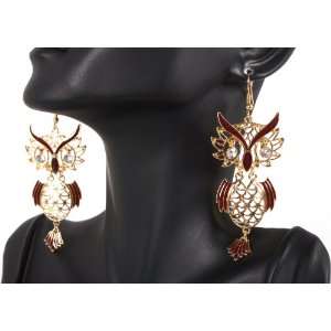  Gold with White 3 Inch Drop Owl Earrings Basketball Mob 