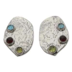    Blue topaz and garnet button earrings, Taxco Harmony Jewelry