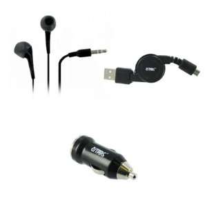  Earbud Headphones (Black) + USB Car Charger Adapter + Retractable 