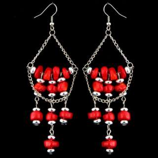 Tibet silver red agate chip map bead chandelier strand dangle earrings 