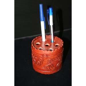  Hand Tooled Leather Pen Holder Western Office Accessory 