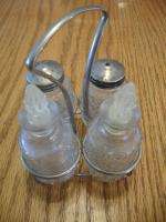 Vintage crystal cut Glass SALT PEPPER Shakers Oil Vinegar Carrier 