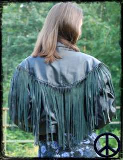 Vtg 70s Hippie Leather Long Fringe Biker Black Jacket  