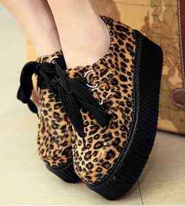   Leopard Lace Up Punk Goth High Platform Flat Creeper Shoes #713  