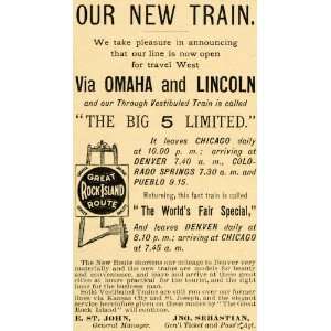  1891 Ad Big 5 Limited Rock Island Railway World Fair Train 