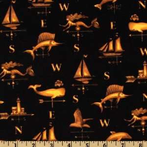  44 Wide Seaport View Nautical Weathervanes Black Fabric 
