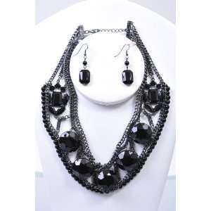  Black Stone Pearl Ensemble Necklace and Earring Set 