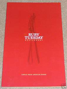 Ruby Tuesday Restaurant Menu Circa 2005   9x14  