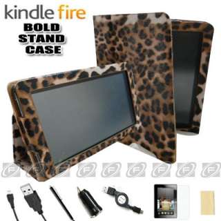 Leopard Kindle Fire Folio Case Cover/Car Charger/USB Cable/Stylus 