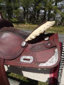 17 Seat Used Border Tooled & Plain Leather Western Saddle, Unmarked 