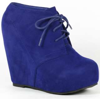 Blue Wedge Round Toe Platform Lace Up Ankle Bootie Boot 7 us Glaze 