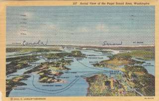 1940 Aerial View Puget Sound Area WA Vintage Postcard  