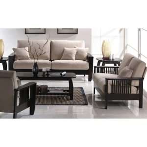  Solid Wood Frame Sofa Set with Wood in Java Color & Fabric 
