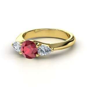  Triad Ring, Round Ruby 14K Yellow Gold Ring with Diamond 